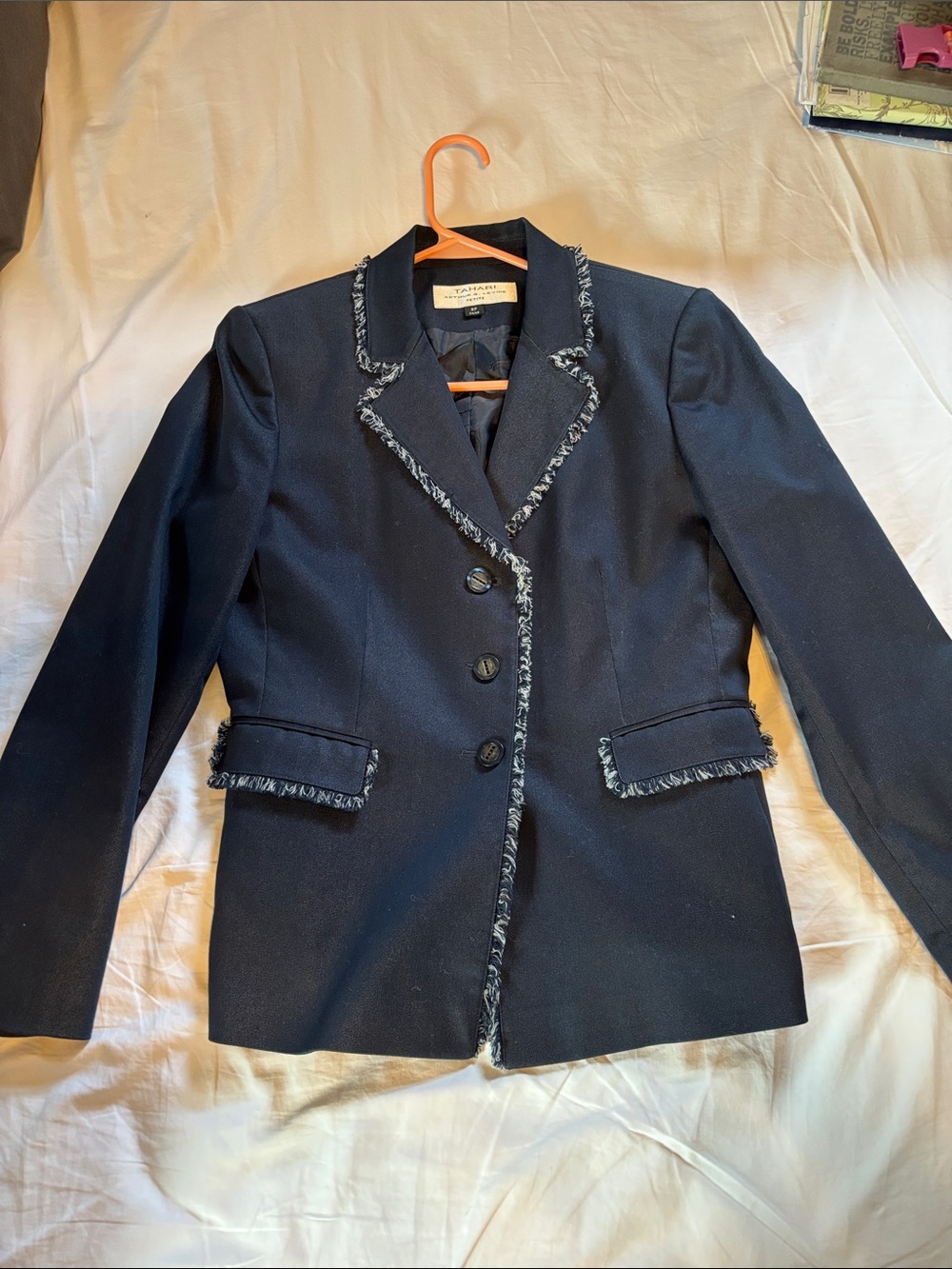 Tahari Arthur s Levine Dark Navy Frayed-Trim Tailored Blazer